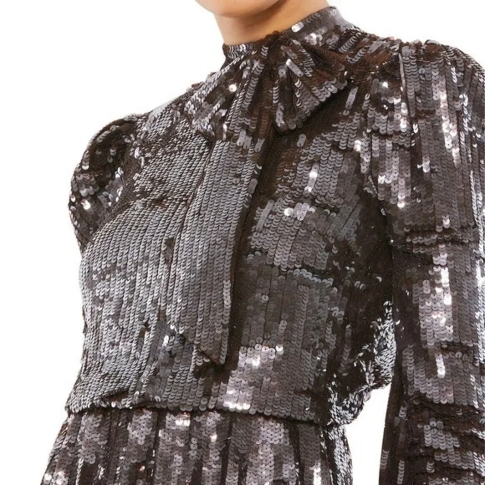 $598 Mac Duggal Size 18 Dark Brown Long Sleeve Sequin Midi Length Formal Dress - Picture 4 of 4